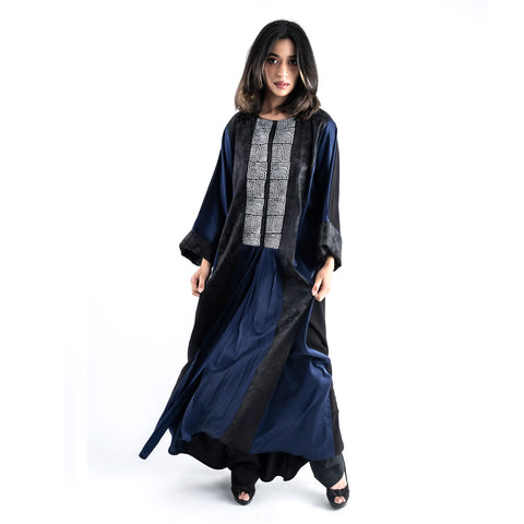 Luxury Satin & Silver Hand Wooden Block Abaya I