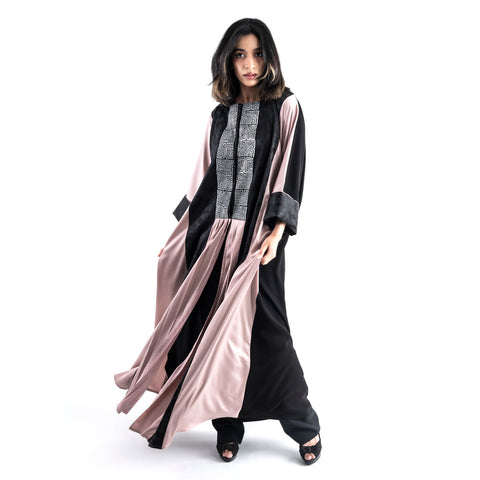 Luxury Satin & Silver Hand Wooden Block Abaya I