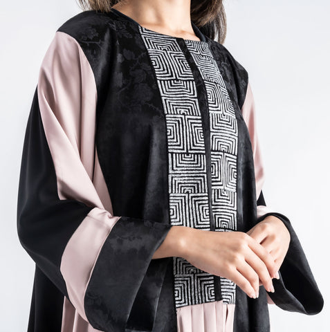 Luxury Satin & Silver Hand Wooden Block Abaya I