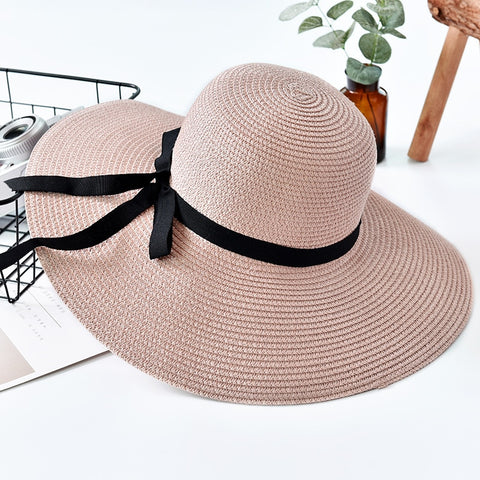 2022 New Simple Foldable Wide Brim Floppy Girls Straw Hat Sun Hat Beach Women Summer Hat UV Protect Travel Cap Lady Cap Female